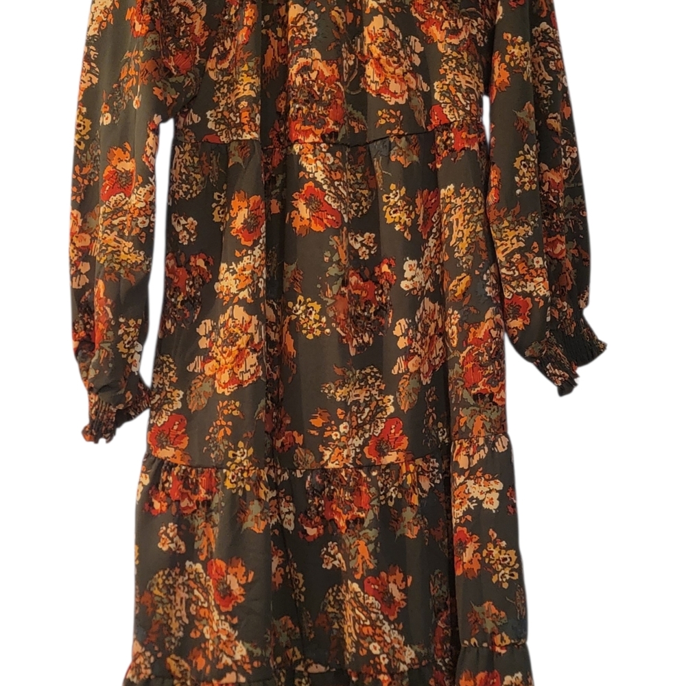 Umgee Floral Dress, Long Sleeve Maxi, Green And Orange Small - Picture 4 of 9